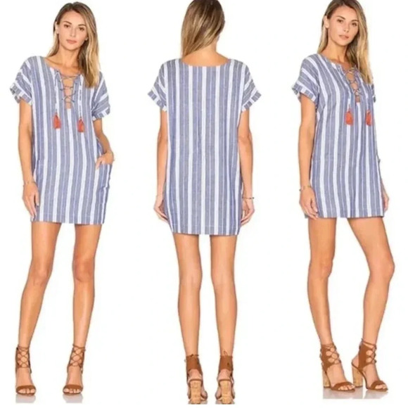 Tularosa Revolve Tunic Top Size S Blue White Striped Tassel Coverup 100% Cotton - Picture 1 of 13